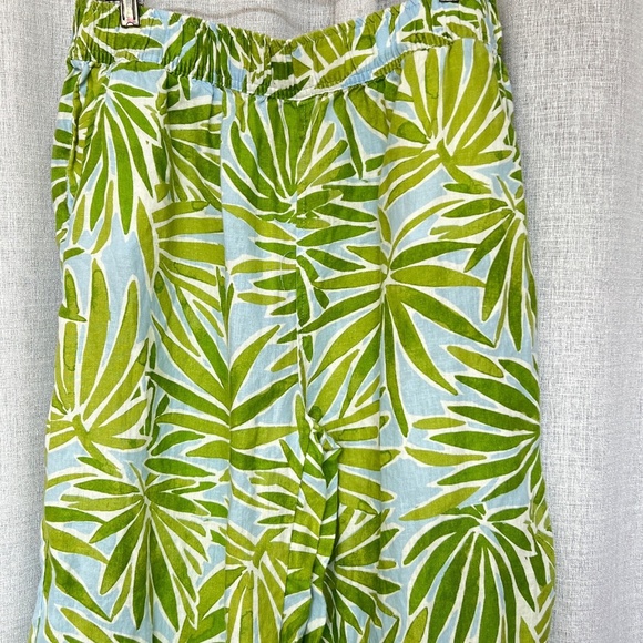 Sigrid Olsen 100% Linen Pants 1X Wide Leg Green & Blue Tropical Leaves Lounge - Picture 3 of 8